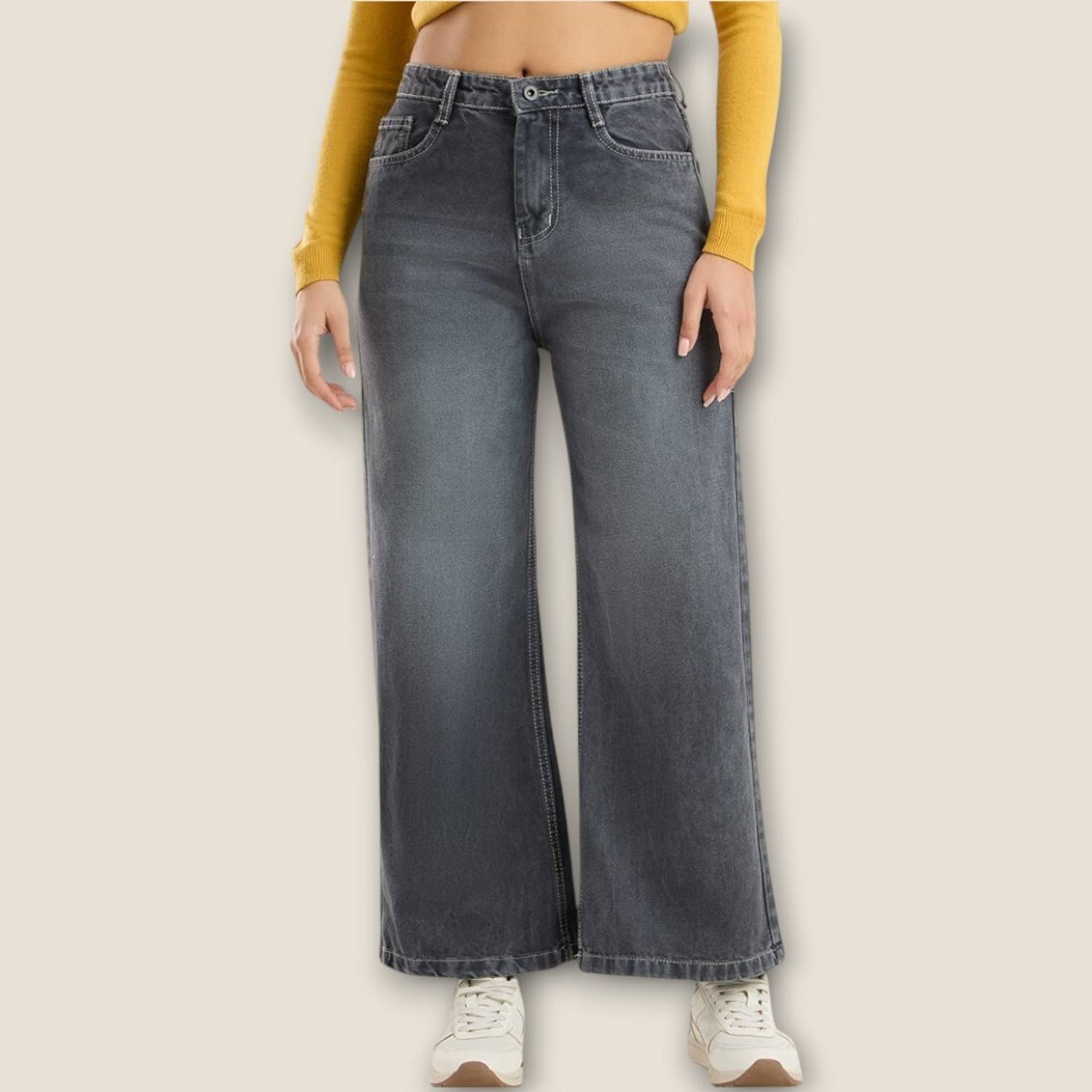 3BUTTERFLIES Wide Leg Women Grey Jeans