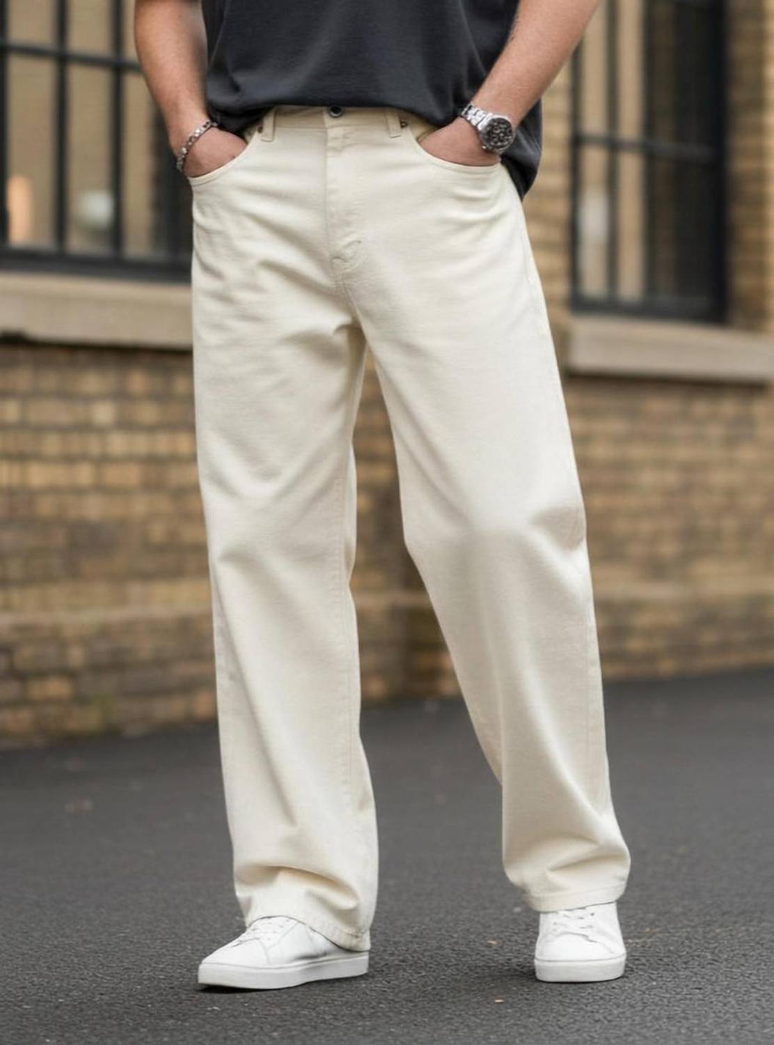 FashionInfinity Wide Leg Men Beige Jeans