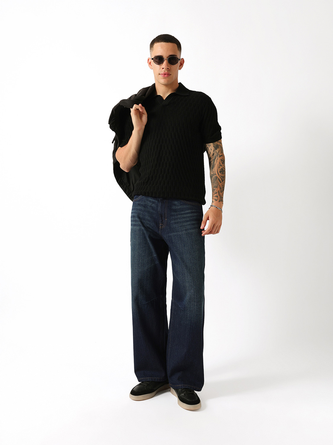 Image of THE BEAR HOUSE Men Baggy Fit Mid Rise Dark Blue Jeans