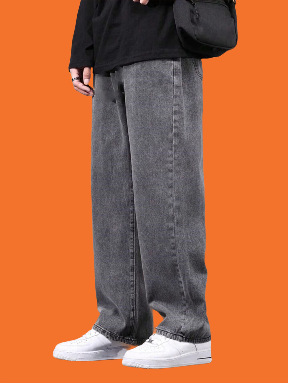 Image of POKHINDA Men Wide Leg Mid Rise Grey Jeans