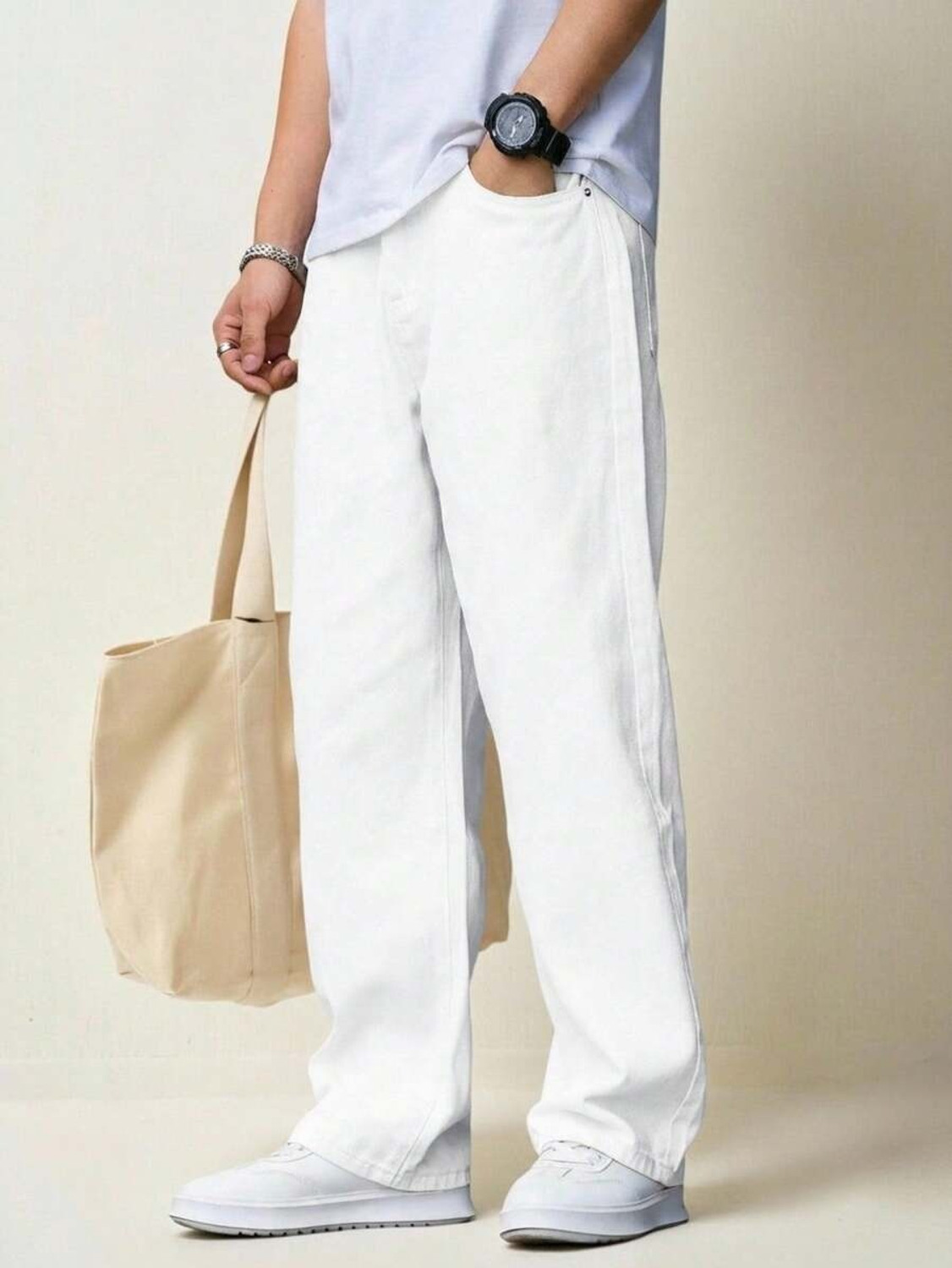 Image of YAMEETFIT Straight Fit Men White Jeans