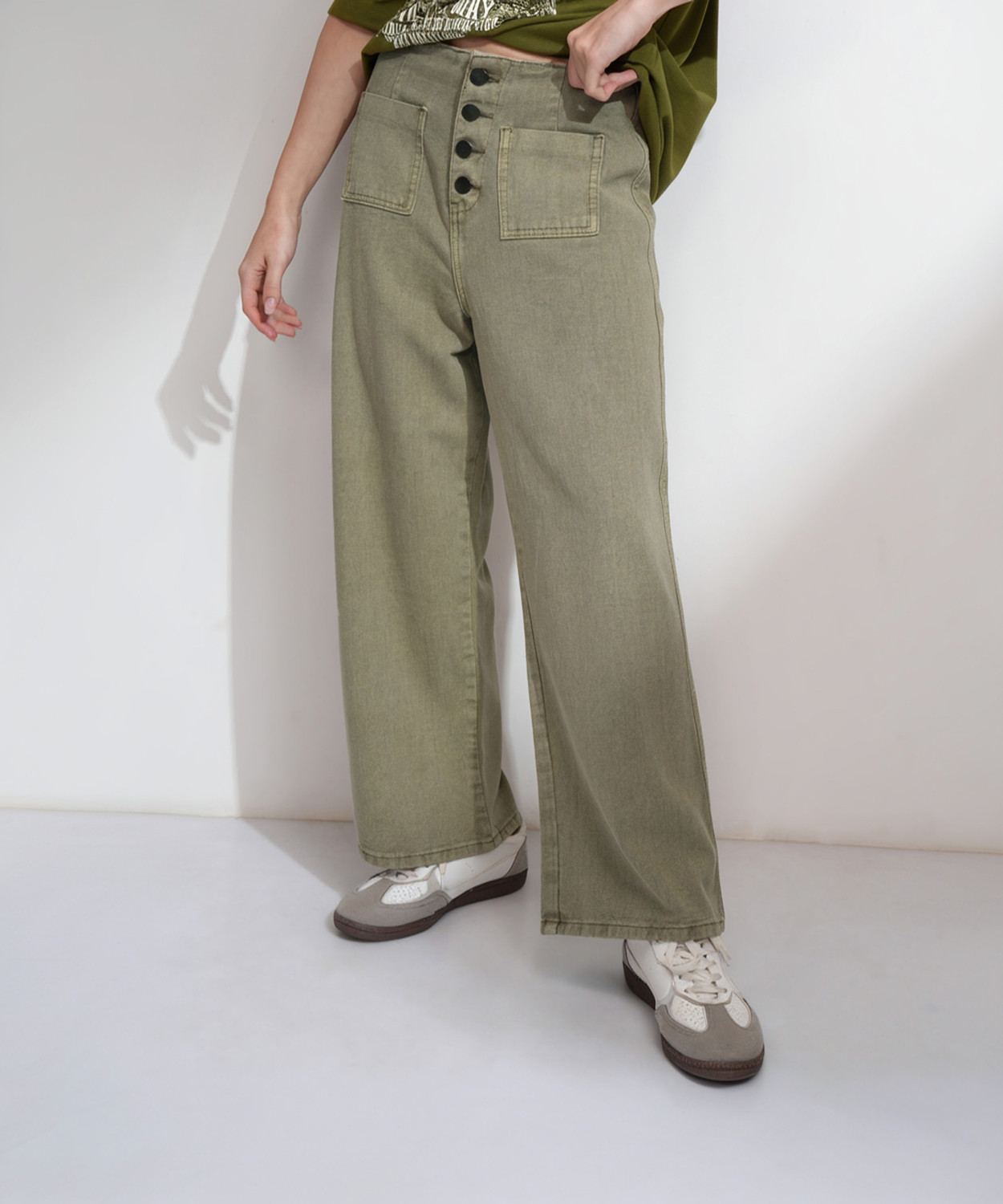 Image of Tokyo Talkies Wide Leg Women Green Jeans