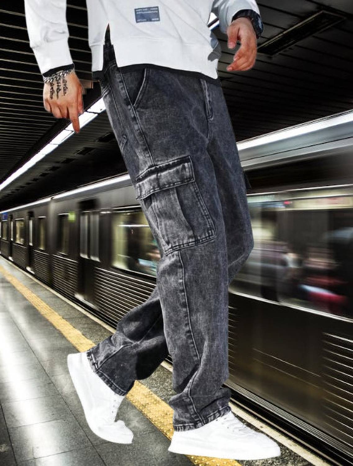 Playfeel Loose Fit Men Dark Grey Jeans - Image 3