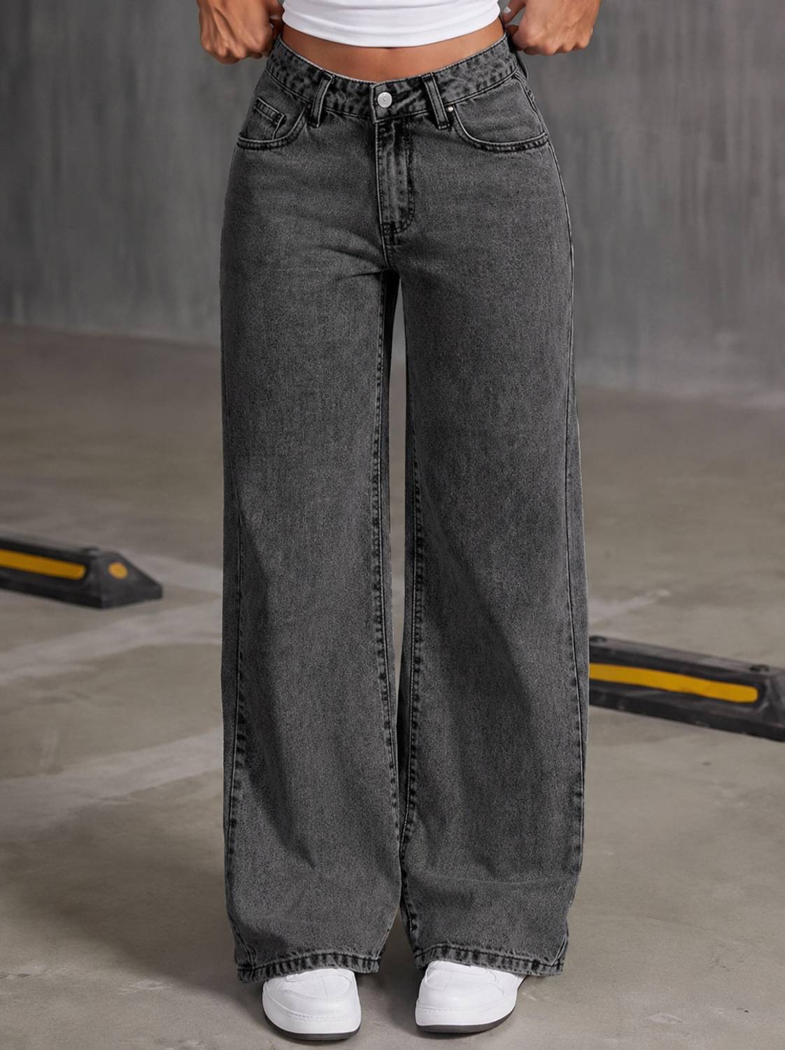 WOMANLACE Wide Leg Dark Grey Jeans - Image 1