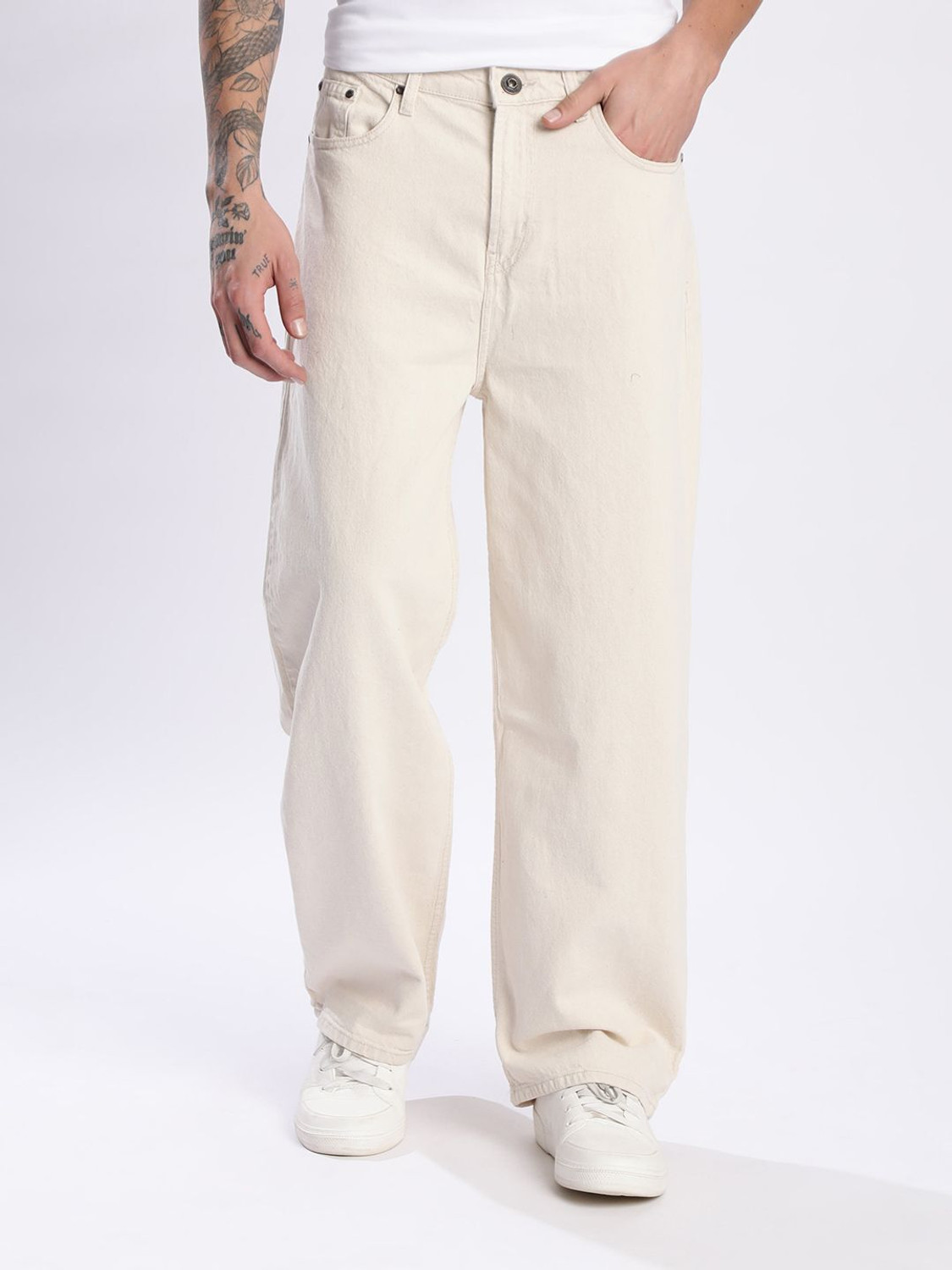 Image of Roadster Men Loose Fit Mid Rise Beige Jeans