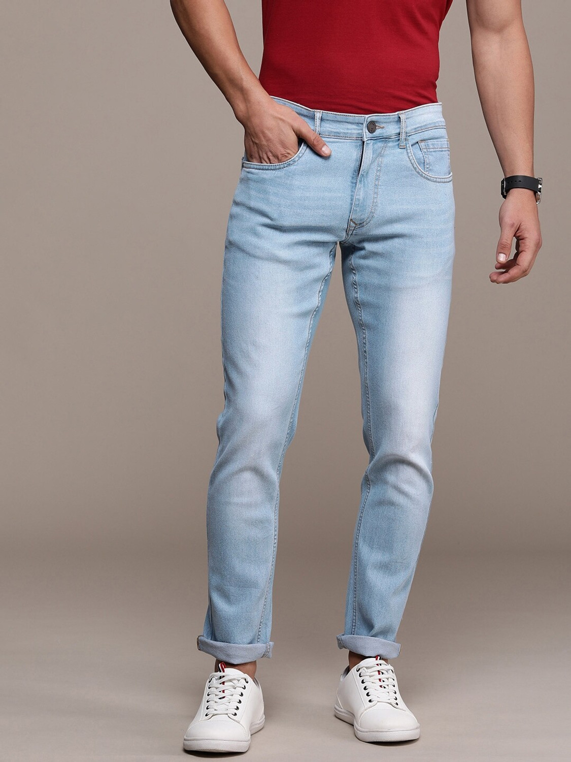 Image of WROGN Men Slim Mid Rise Light Blue Jeans