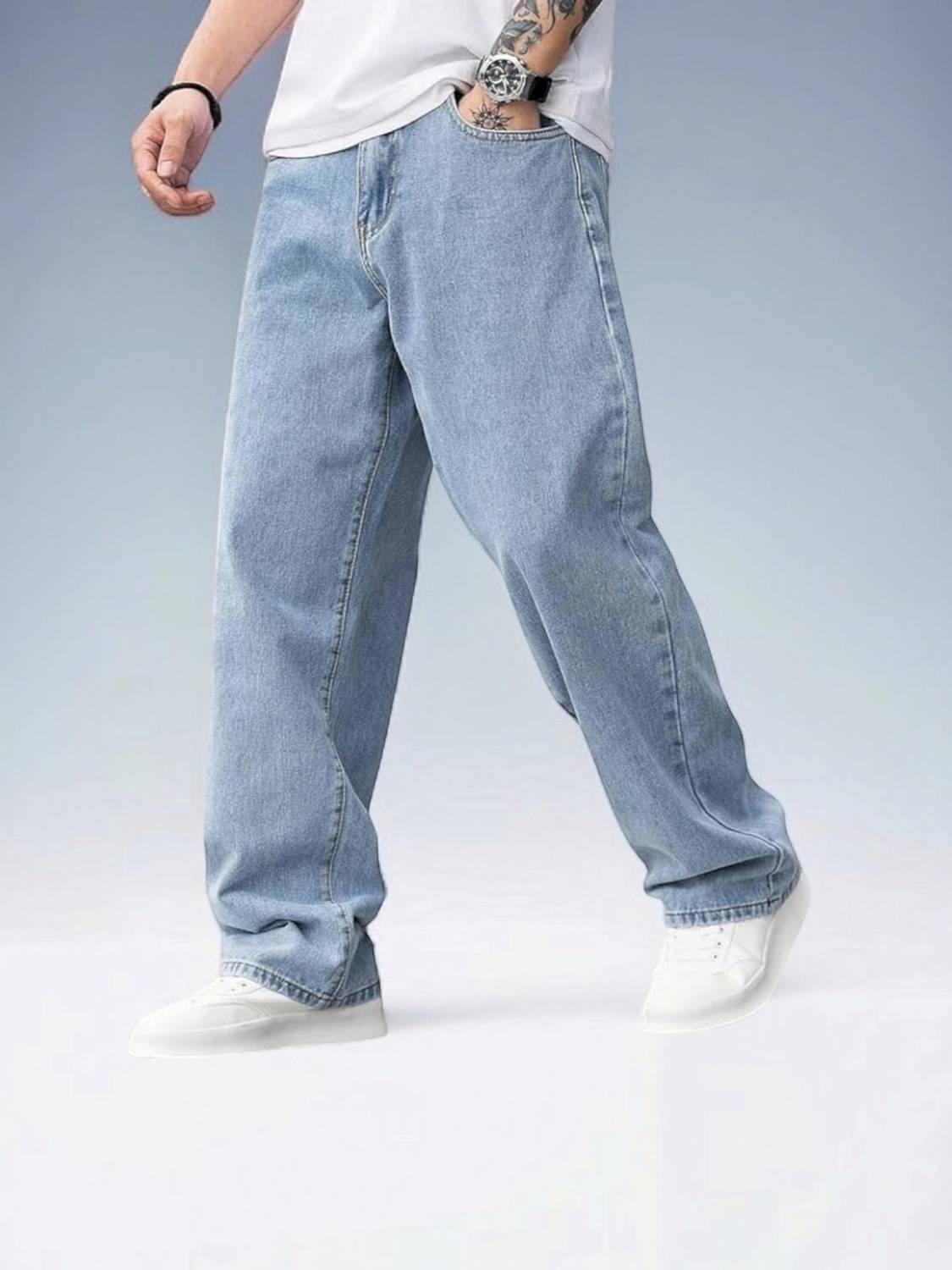 AzureAttire Loose Fit Men Light Blue Jeans