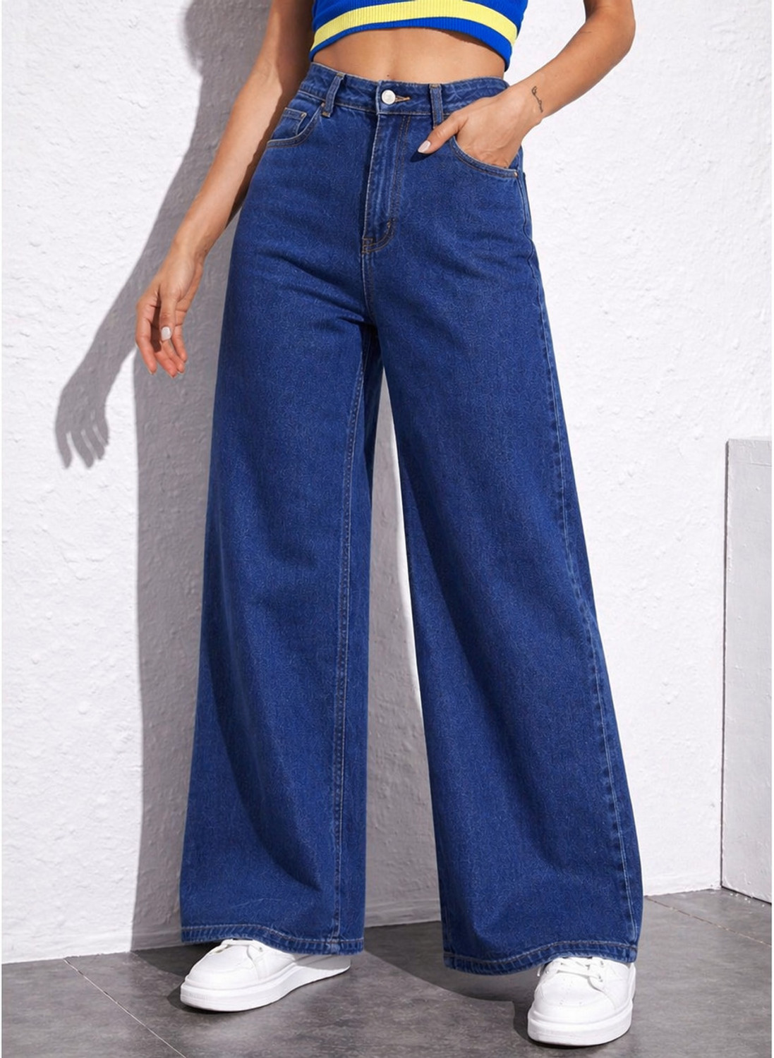 Image of ALLSTUFFHUB Wide Leg Women Dark Blue Jeans
