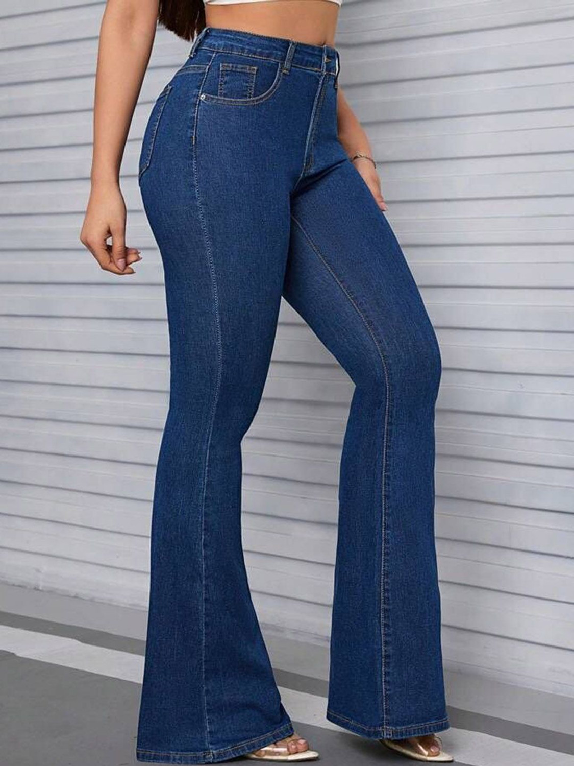 Image of silver threads Flared Women Dark Blue Jeans