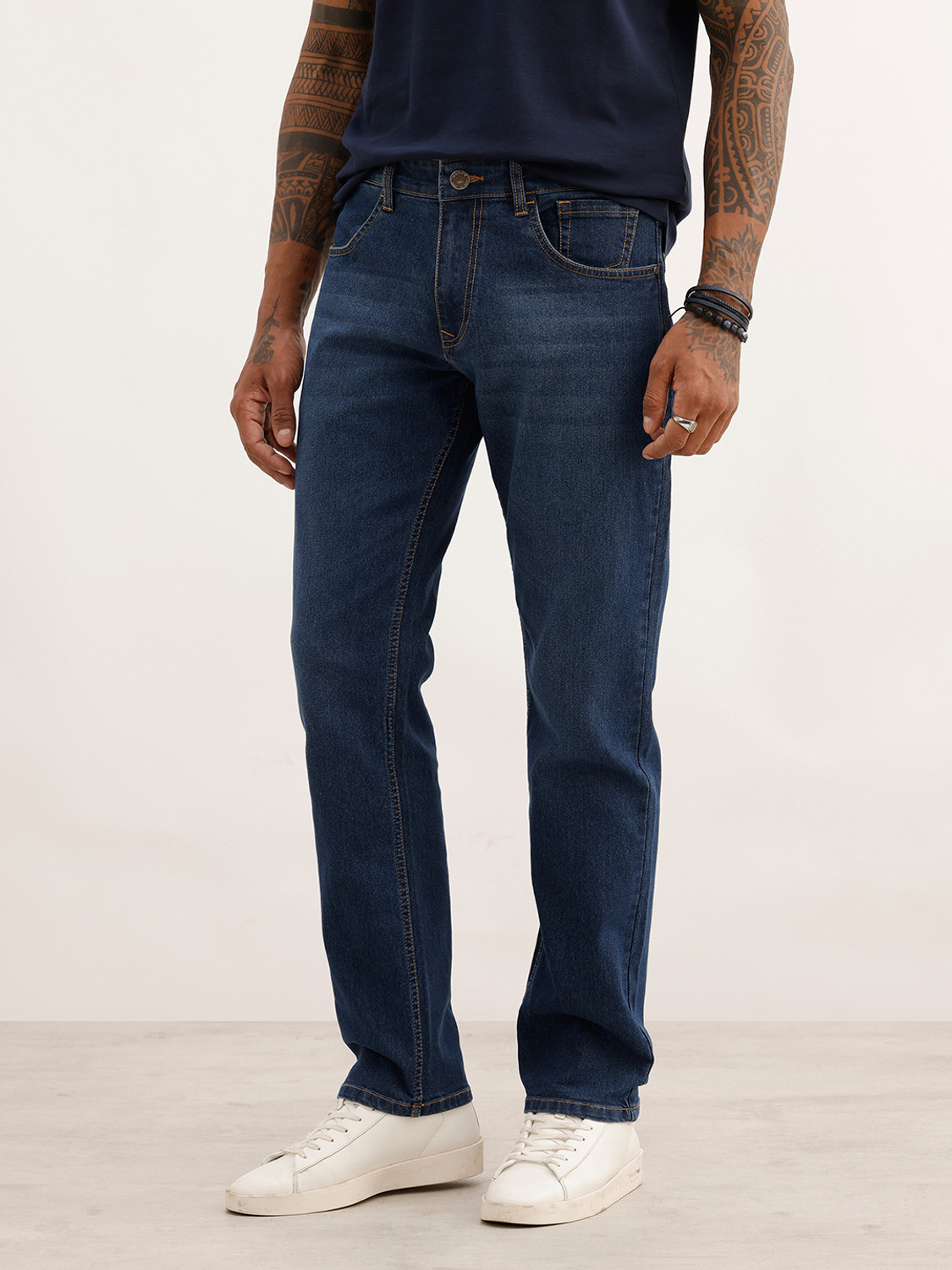 Image of WROGN Men Straight Fit Mid Rise Blue Jeans