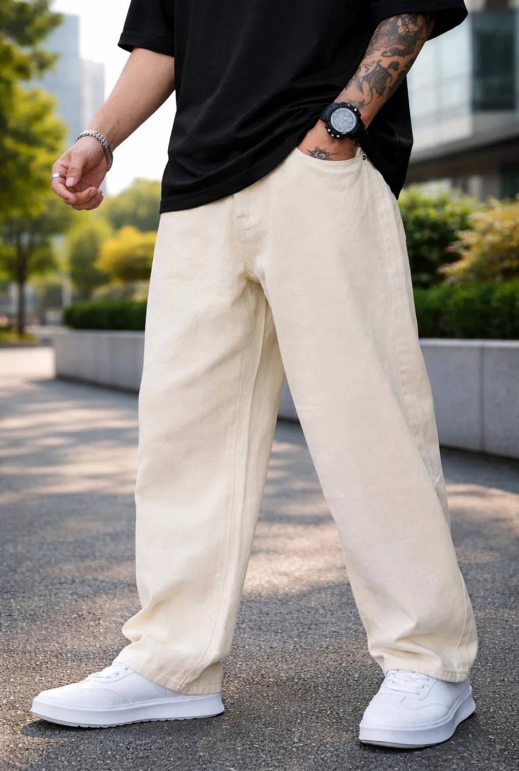 FLAYING Loose Fit Men Beige Jeans - Image 1