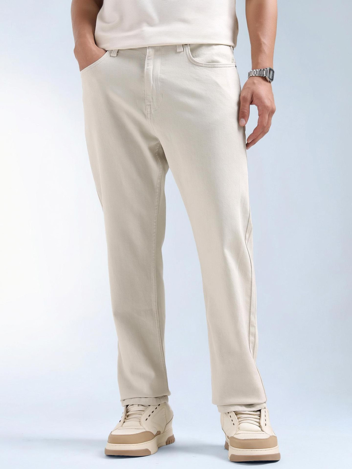 Image of FLYING MACHINE Straight Fit Men Beige Jeans
