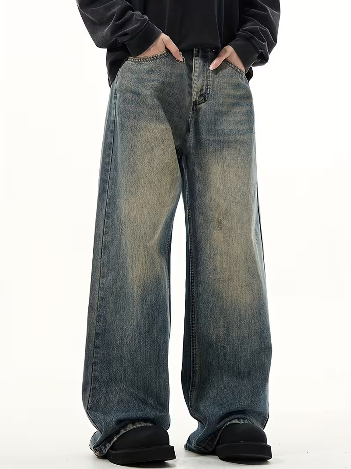 Image of SHRIVAN Men Wide Leg High Rise Green Jeans