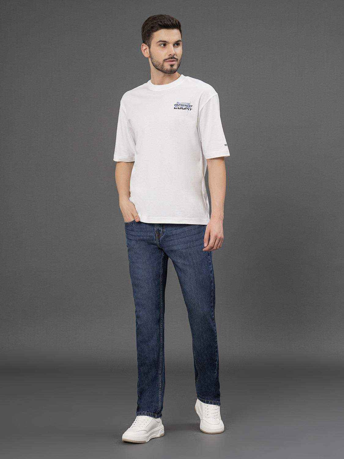 Image of RED TAPE Men Straight Fit Mid Rise Dark Blue Jeans