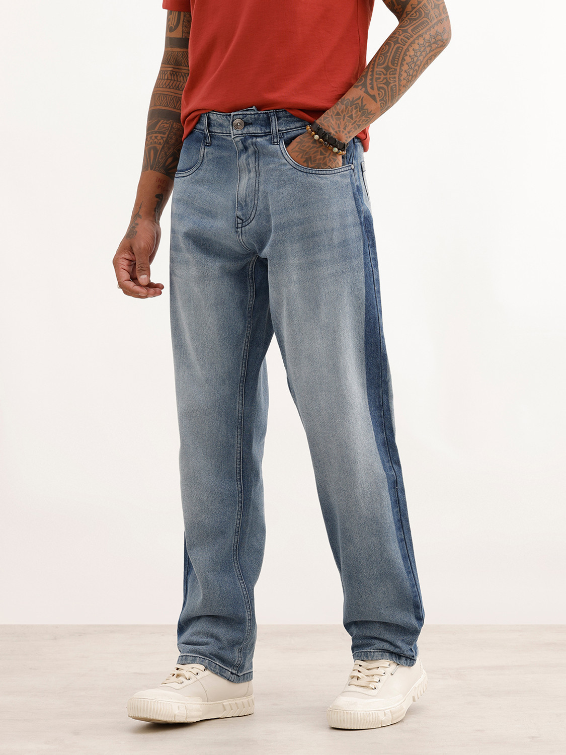 Image of WROGN Men Loose Fit Mid Rise Blue Jeans
