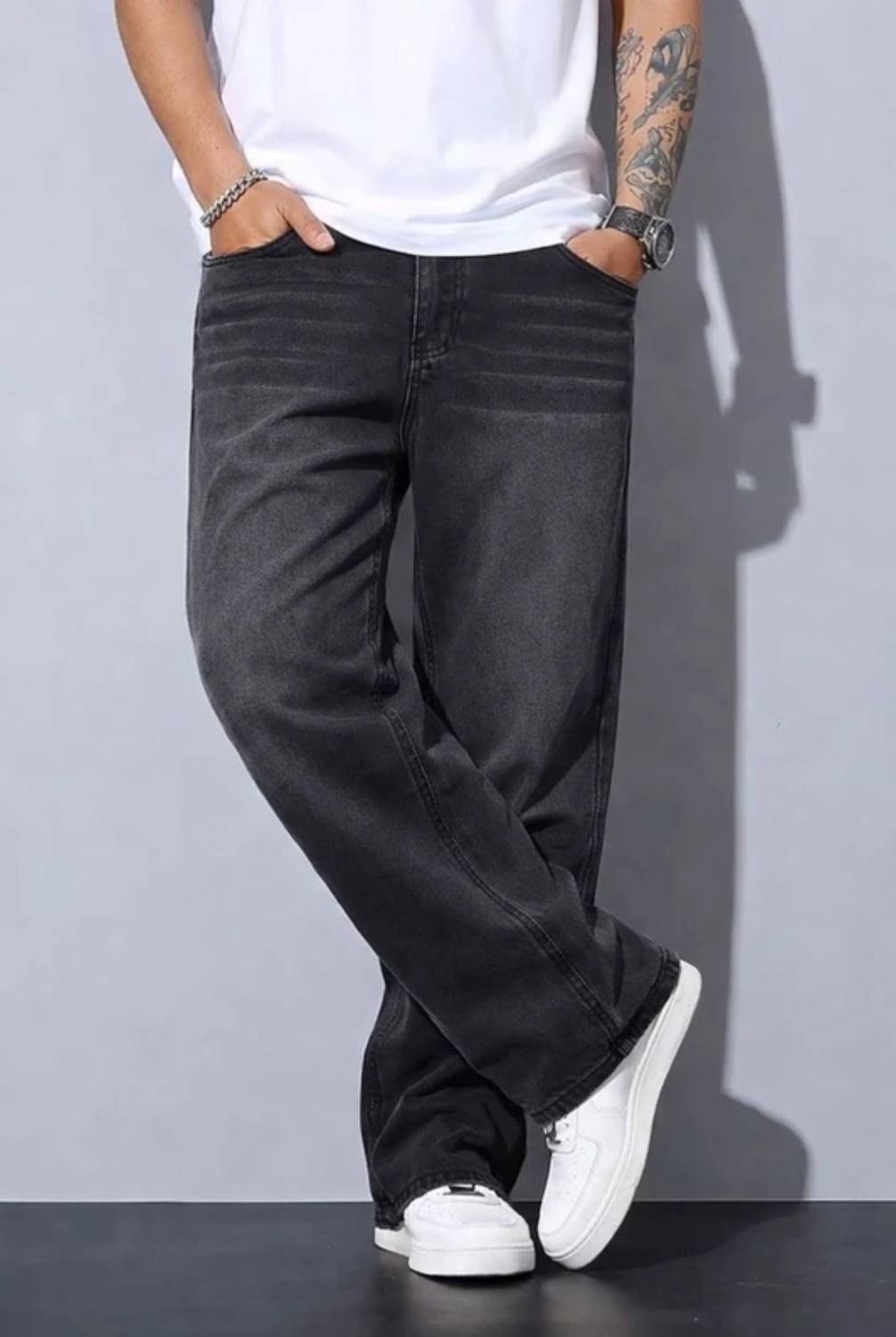 Men & Women Baggy Fit Mid Rise Black, Silver Jeans - Image 4