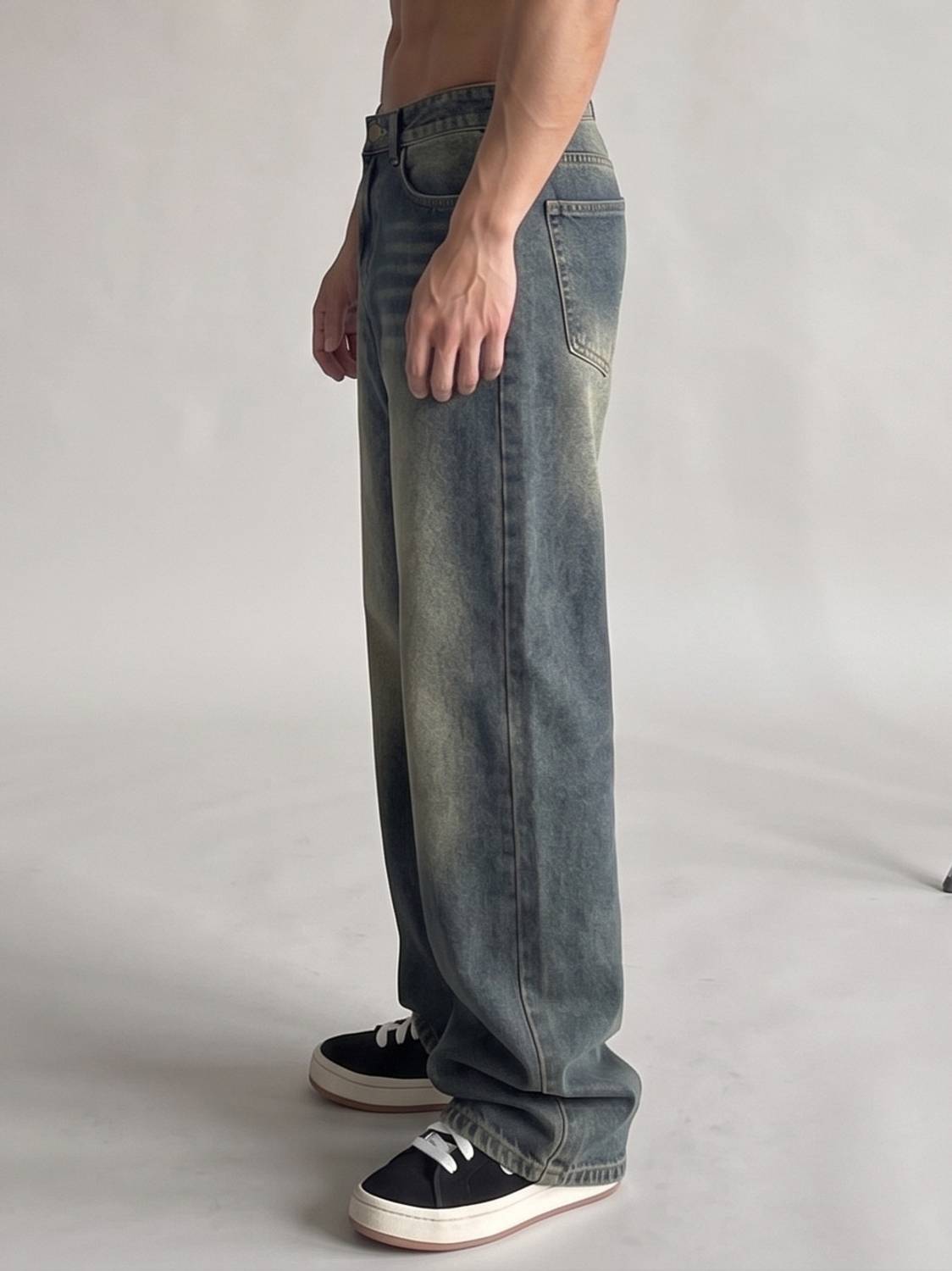 PERISFASHION Wide Leg Men Green Jeans - Image 3