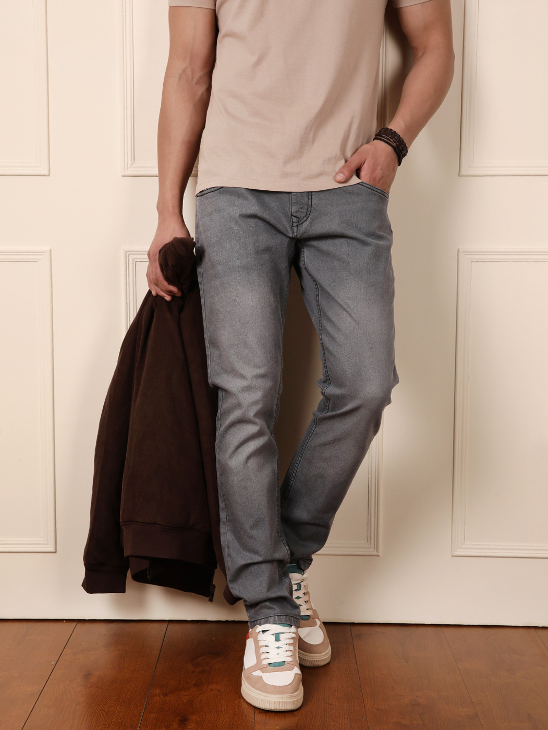 Image of WROGN Tapered Fit Men Grey Jeans