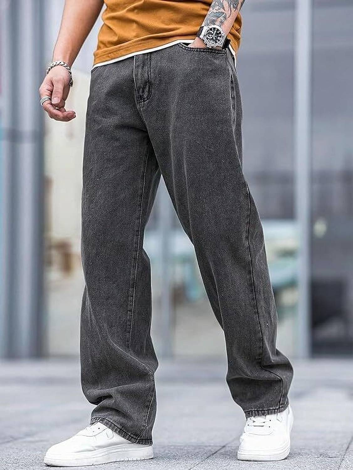 AngelFab Loose Fit Men Dark Grey Jeans