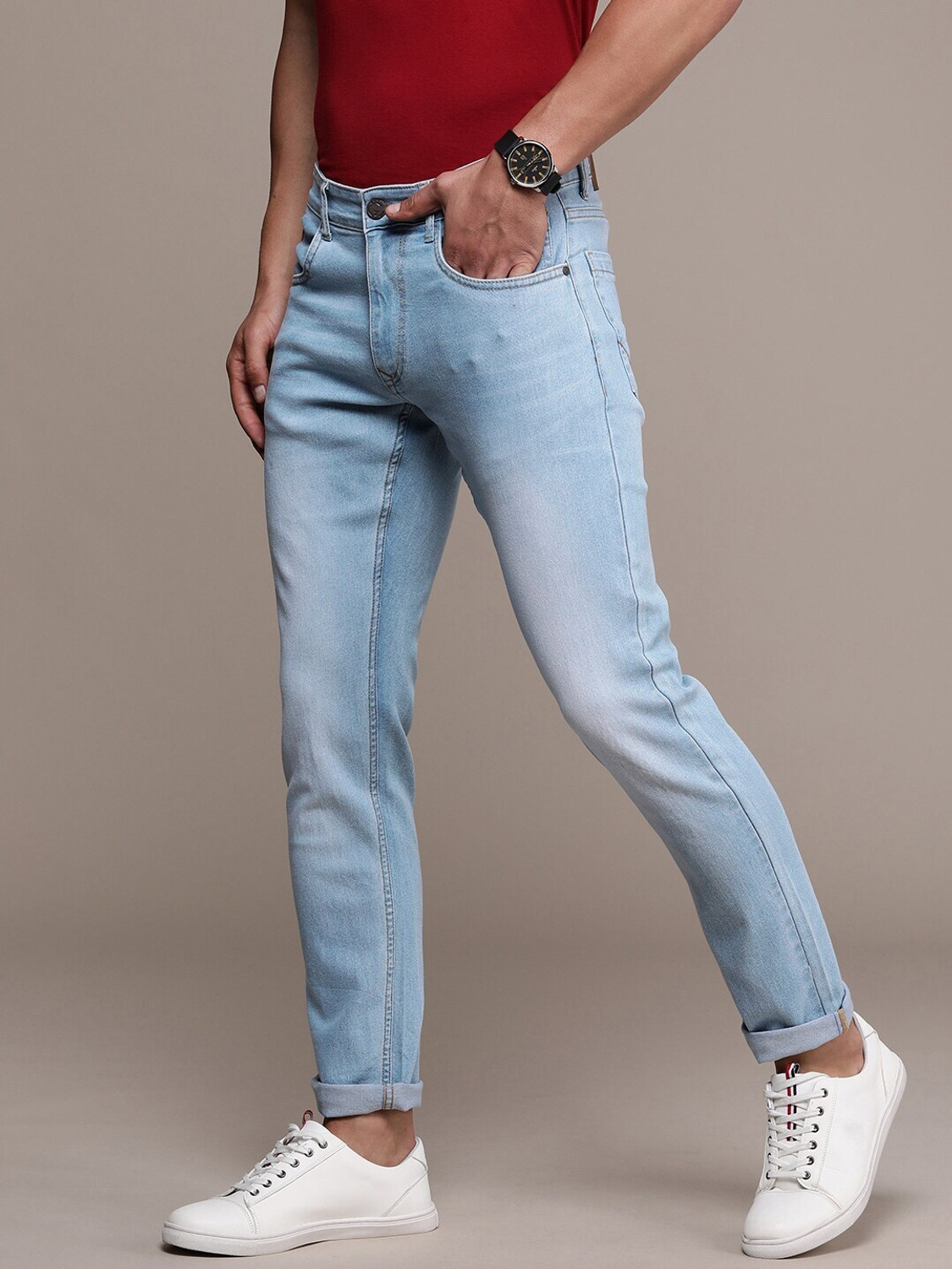 Image of WROGN Men Slim Mid Rise Light Blue Jeans