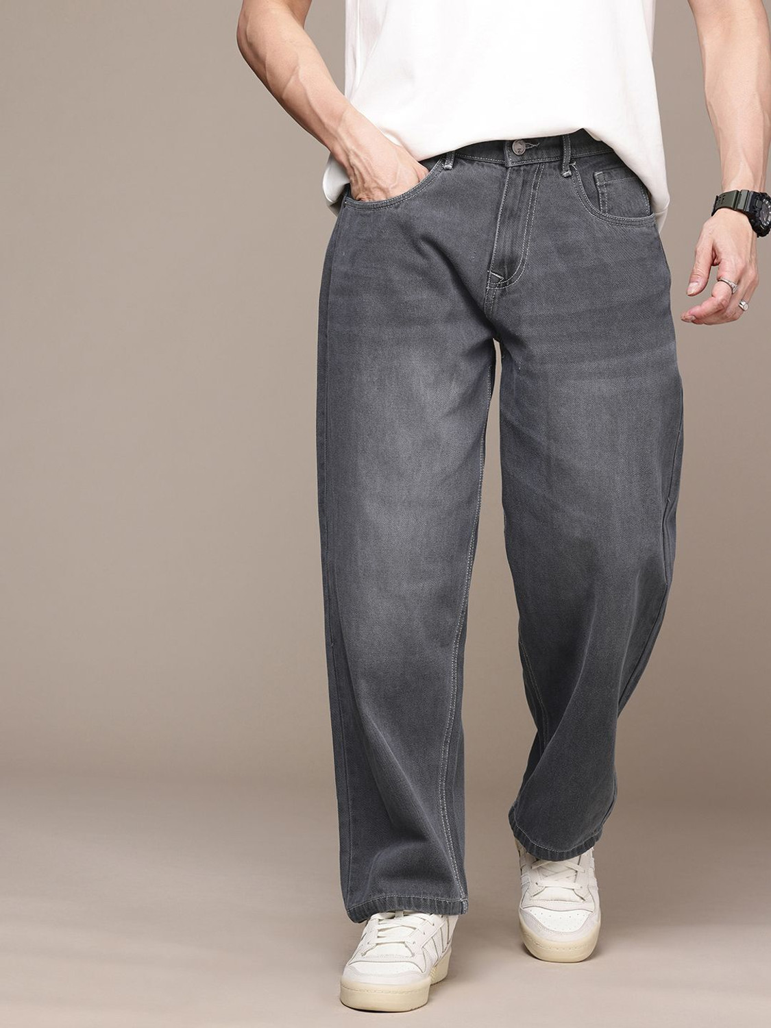 Image of WROGN Relaxed Fit Men Grey Jeans