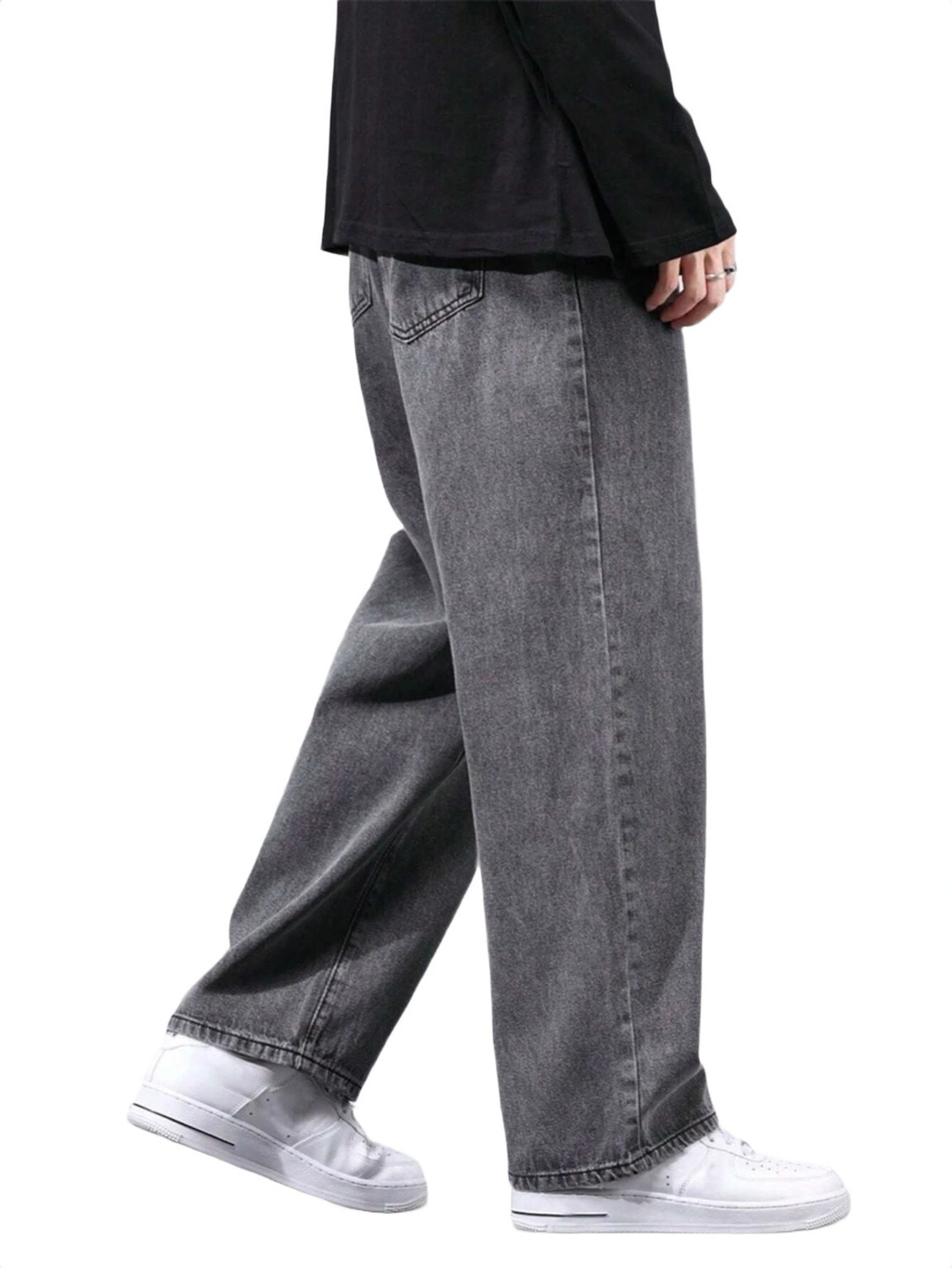 Image of POKHINDA Men Wide Leg Mid Rise Grey Jeans
