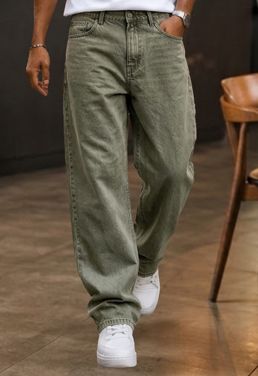 Image of 90 Miles Men Loose Fit Mid Rise Green Jeans