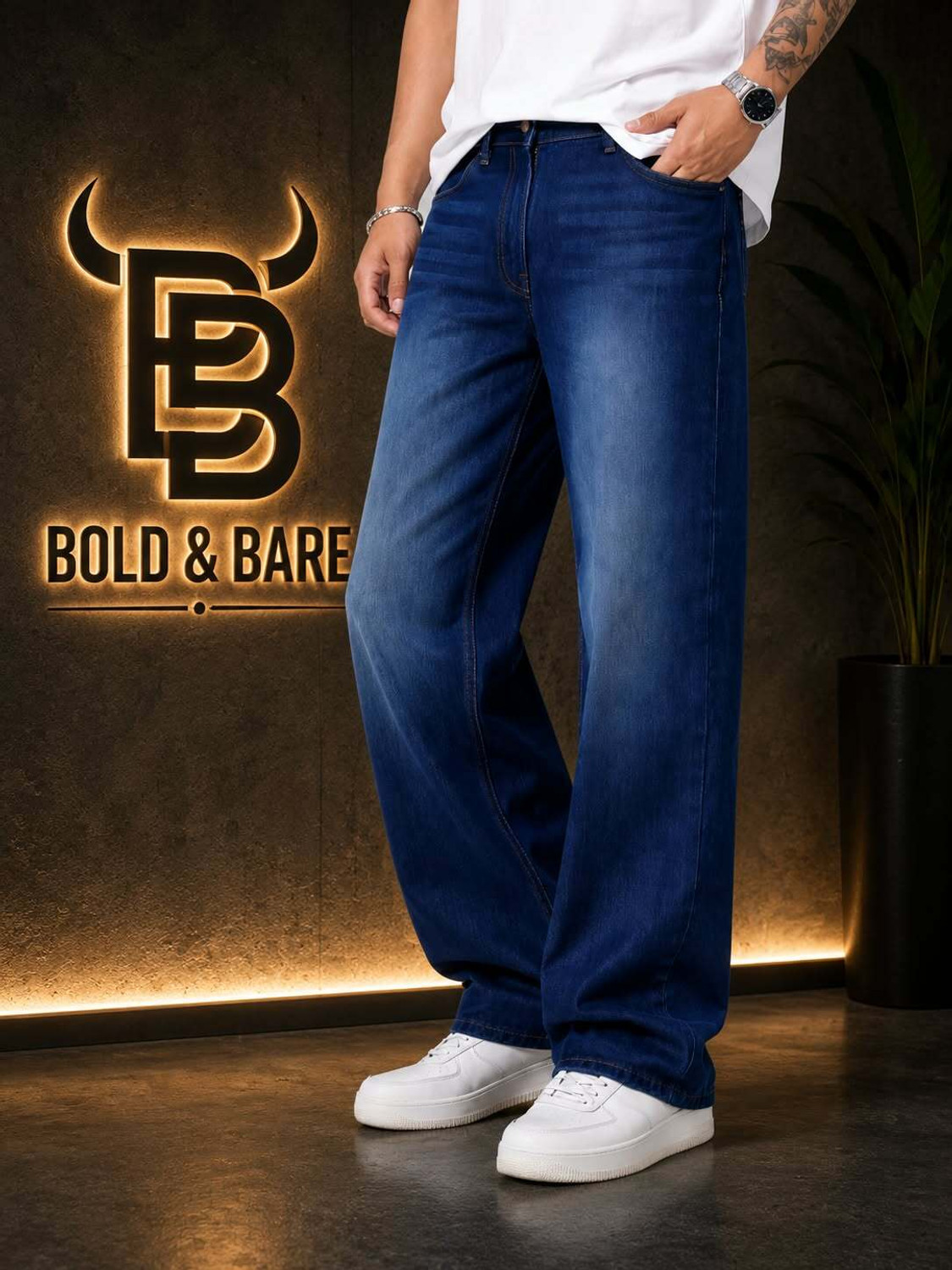 Image of BOLD & BARE Men Straight Fit Mid Rise Dark Blue Jeans