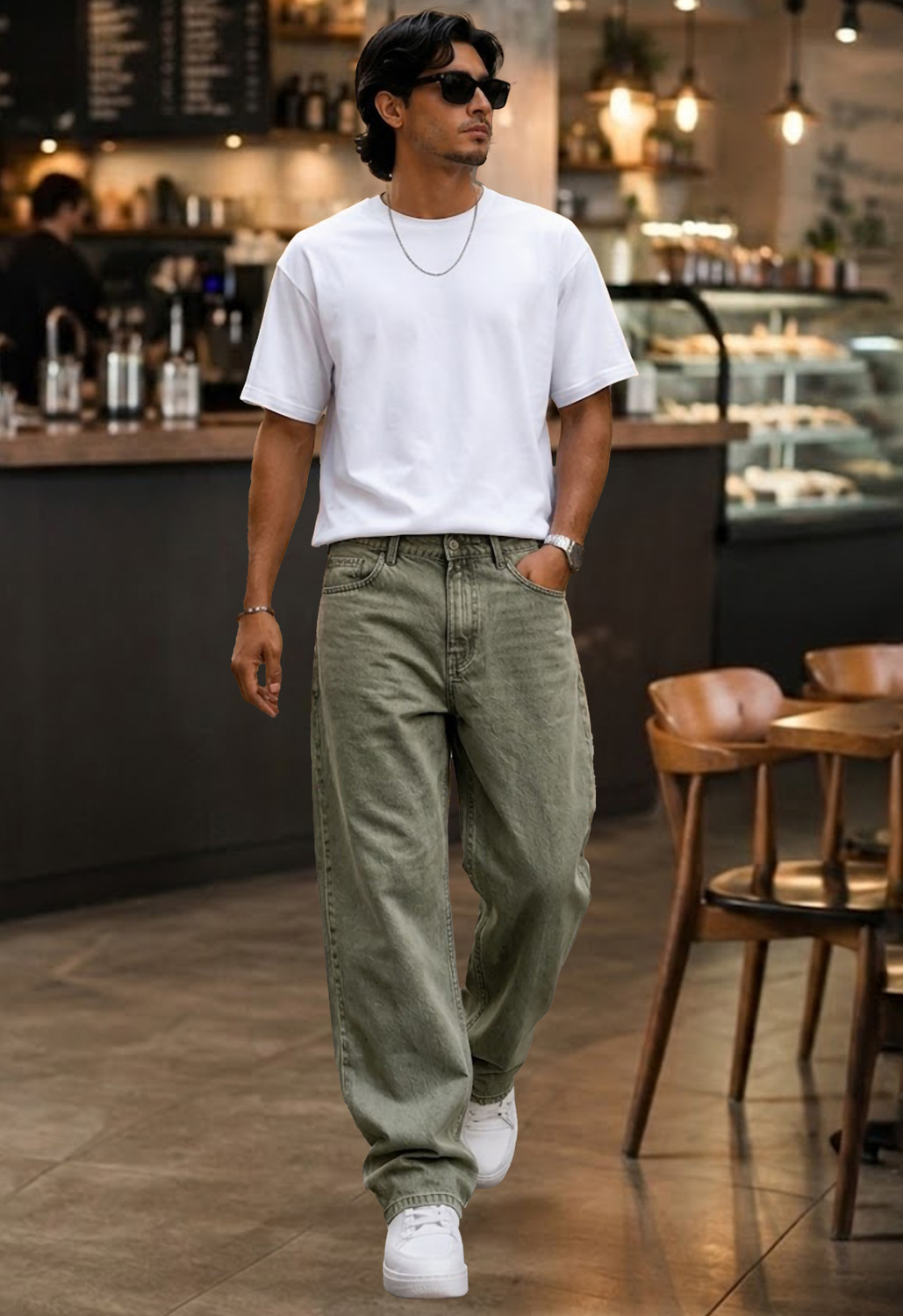 Image of 90 Miles Men Loose Fit Mid Rise Green Jeans