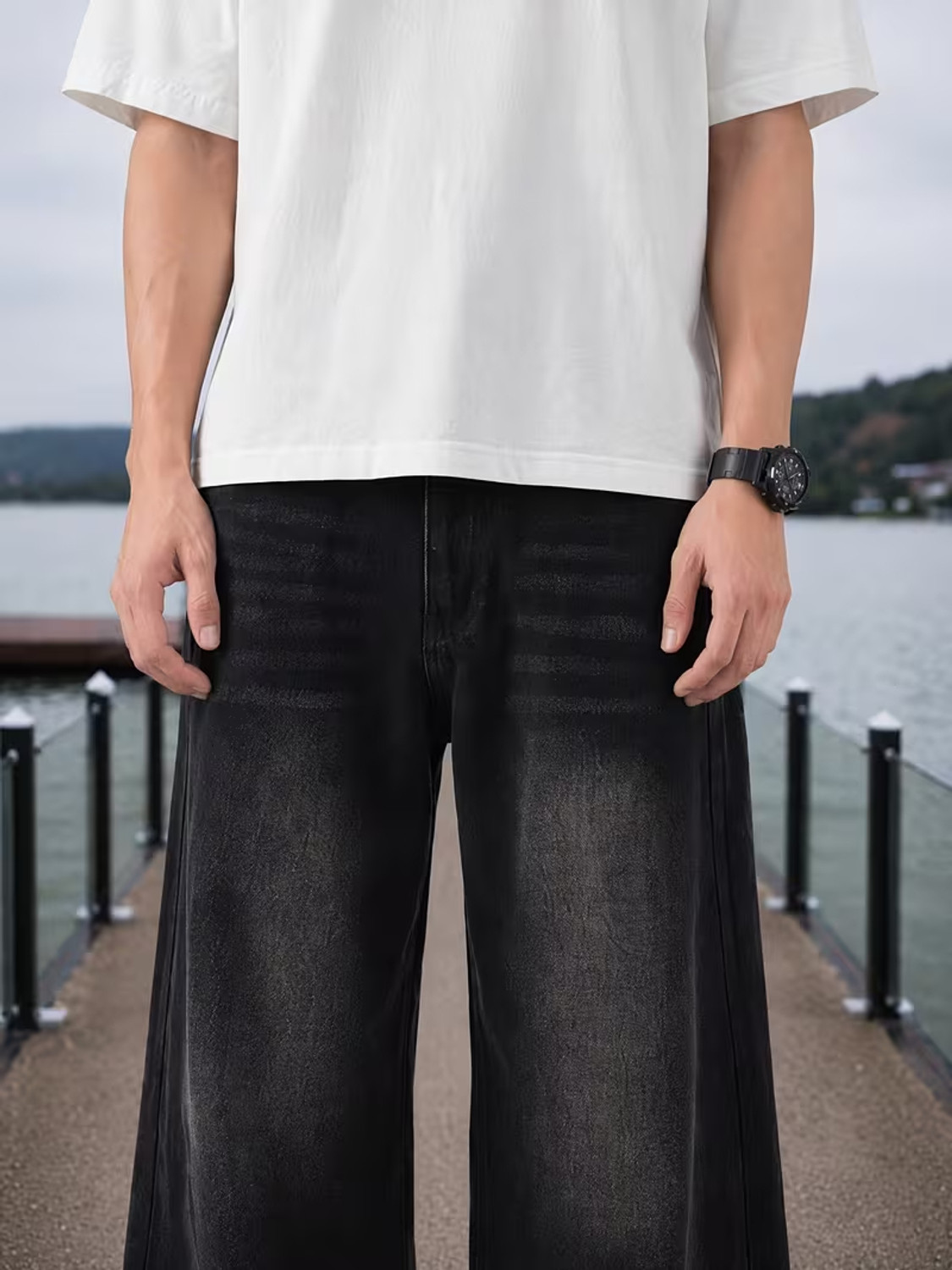 Image of Lazzy studio Men Wide Leg High Rise Black Jeans