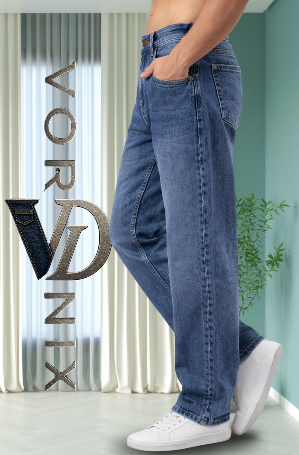 Image of VORNIX DENIM Men Loose Fit Mid Rise Blue Jeans