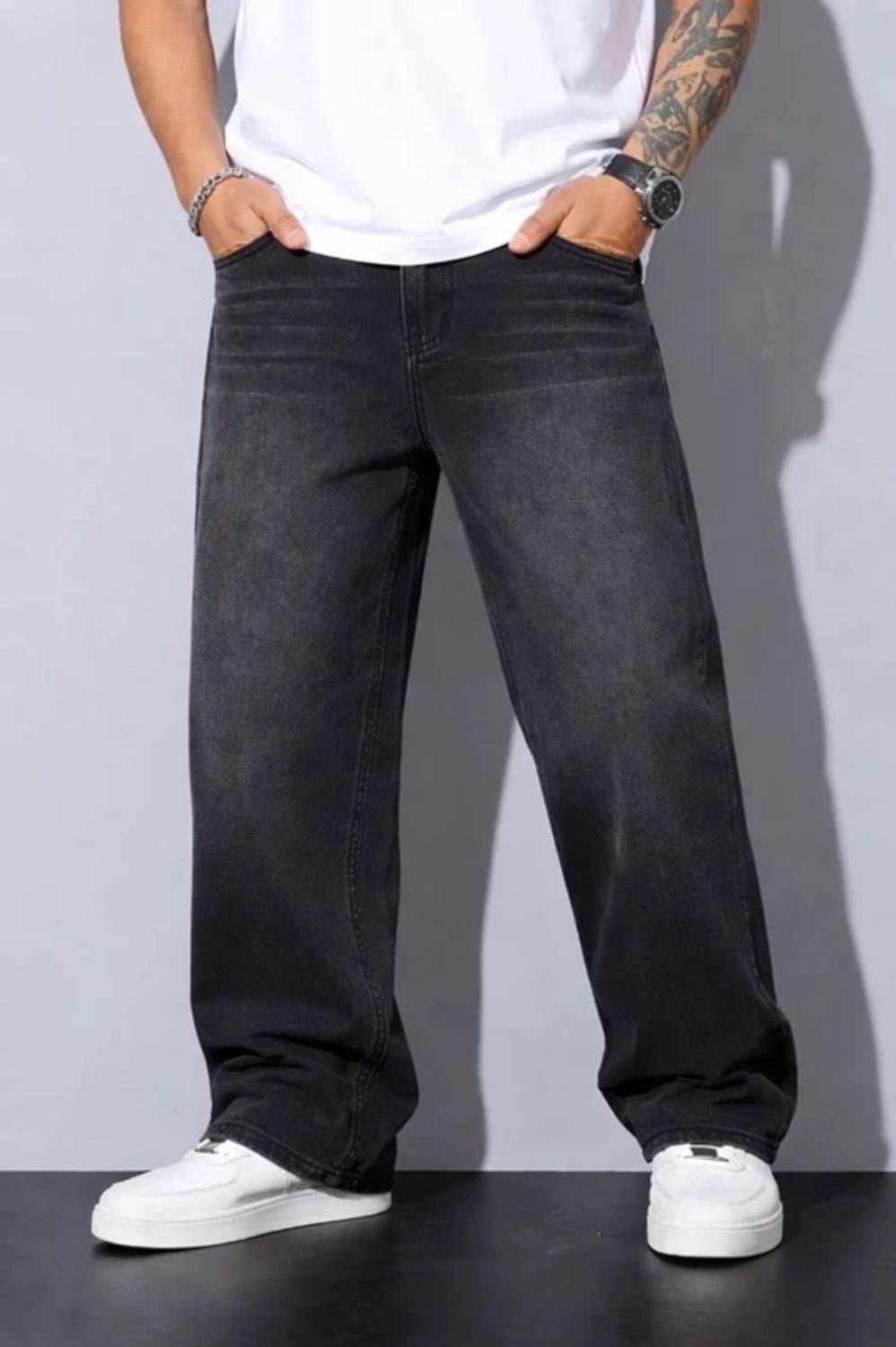Men & Women Baggy Fit Mid Rise Black, Silver Jeans - Image 1