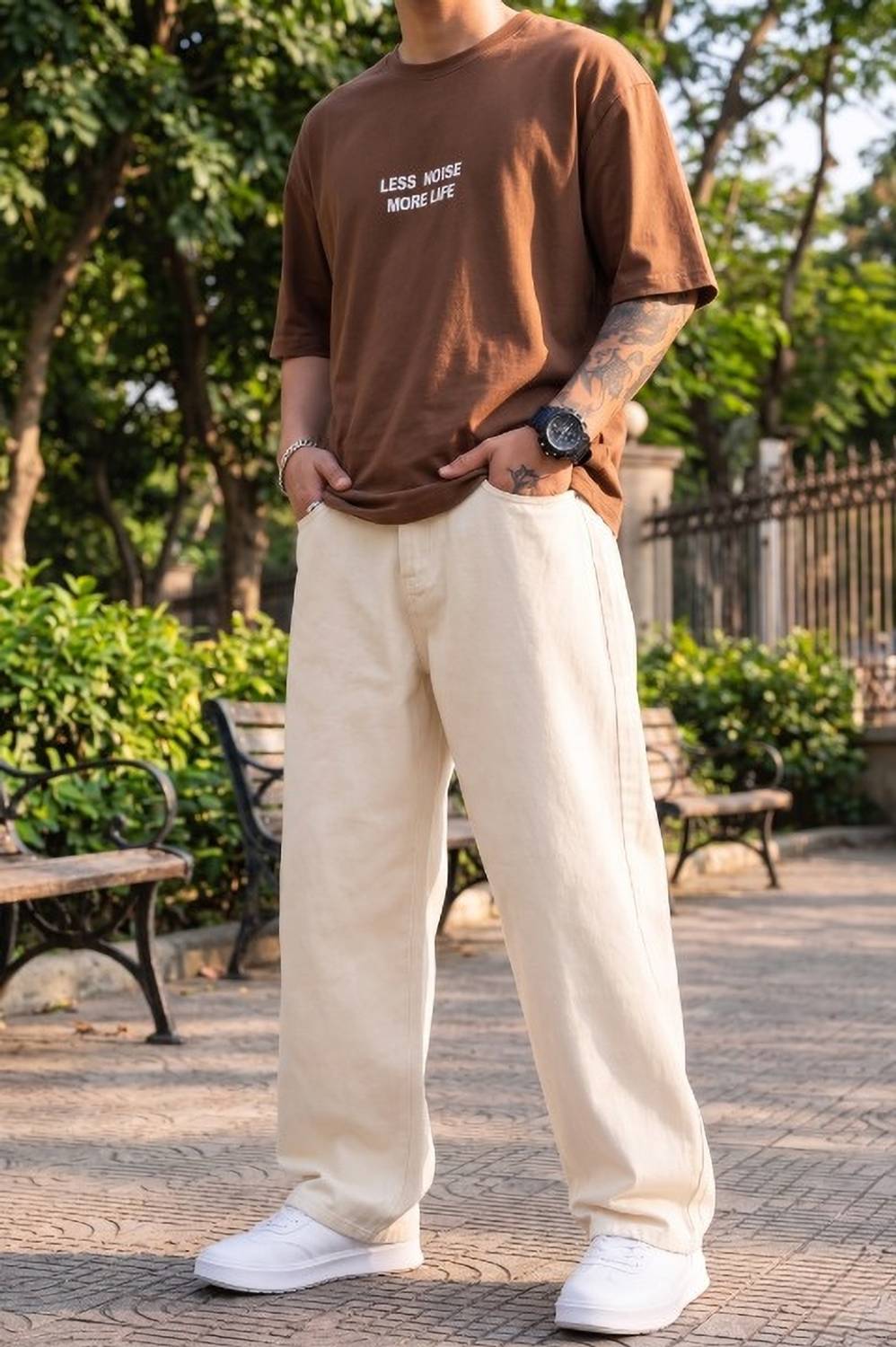 WAYKING Loose Fit Men Beige Jeans