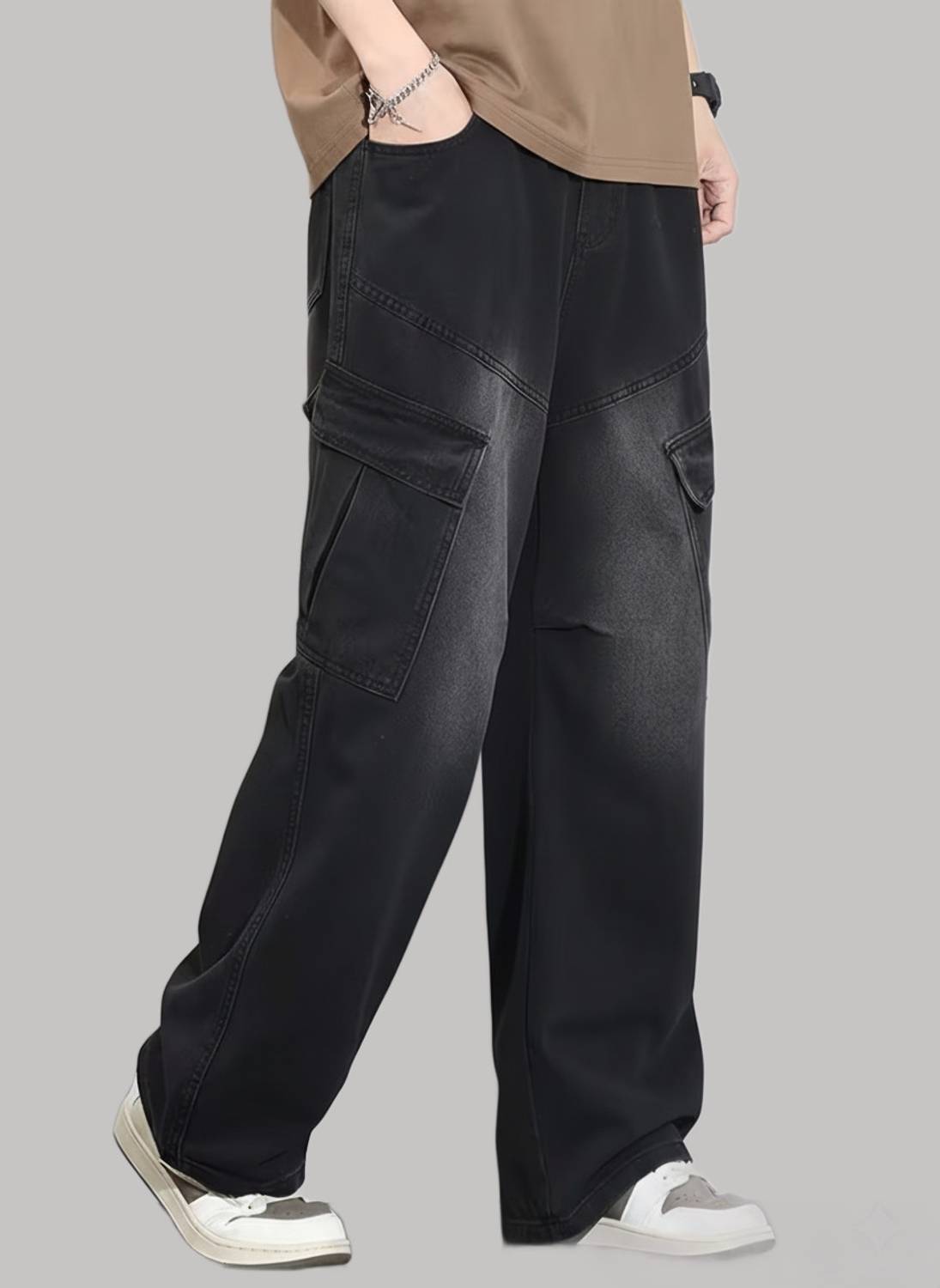 Men Loose Fit Mid Rise Black Jeans - Image 5