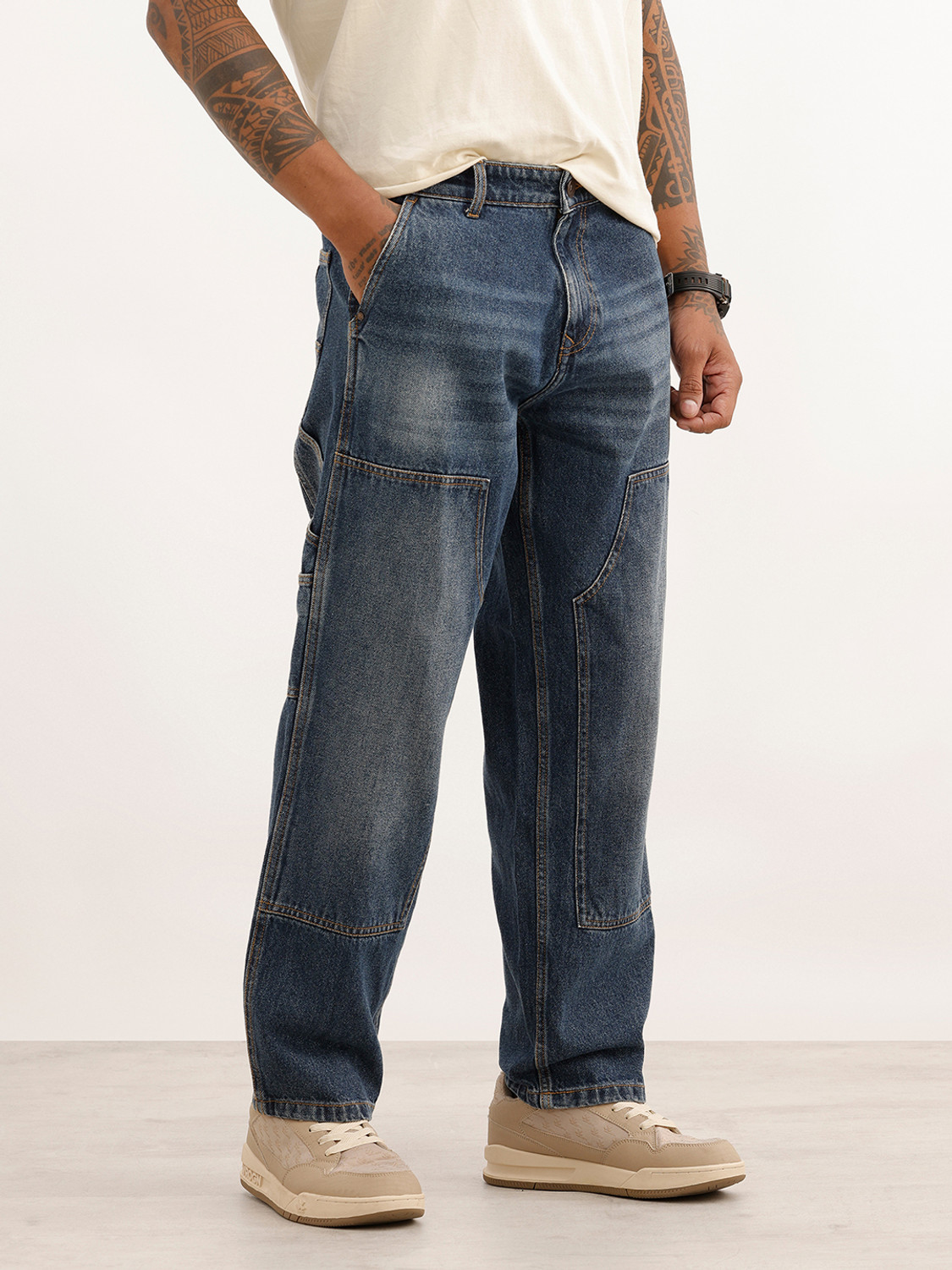Image of WROGN Men Loose Fit Mid Rise Blue Jeans