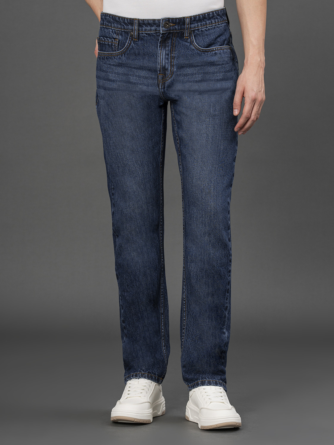 Image of RED TAPE Men Straight Fit Mid Rise Dark Blue Jeans