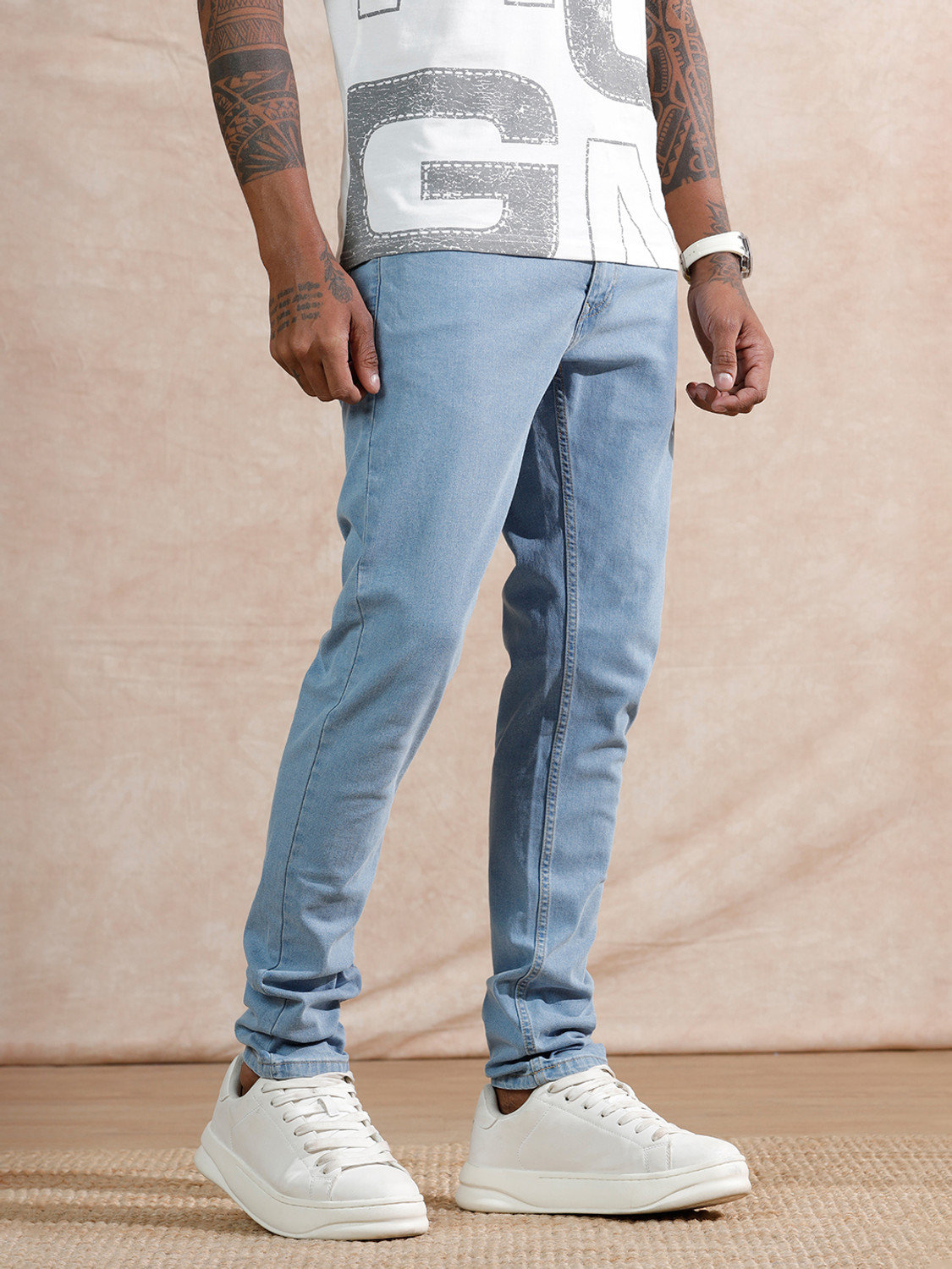 Image of WROGN Tapered Fit Men Blue Jeans