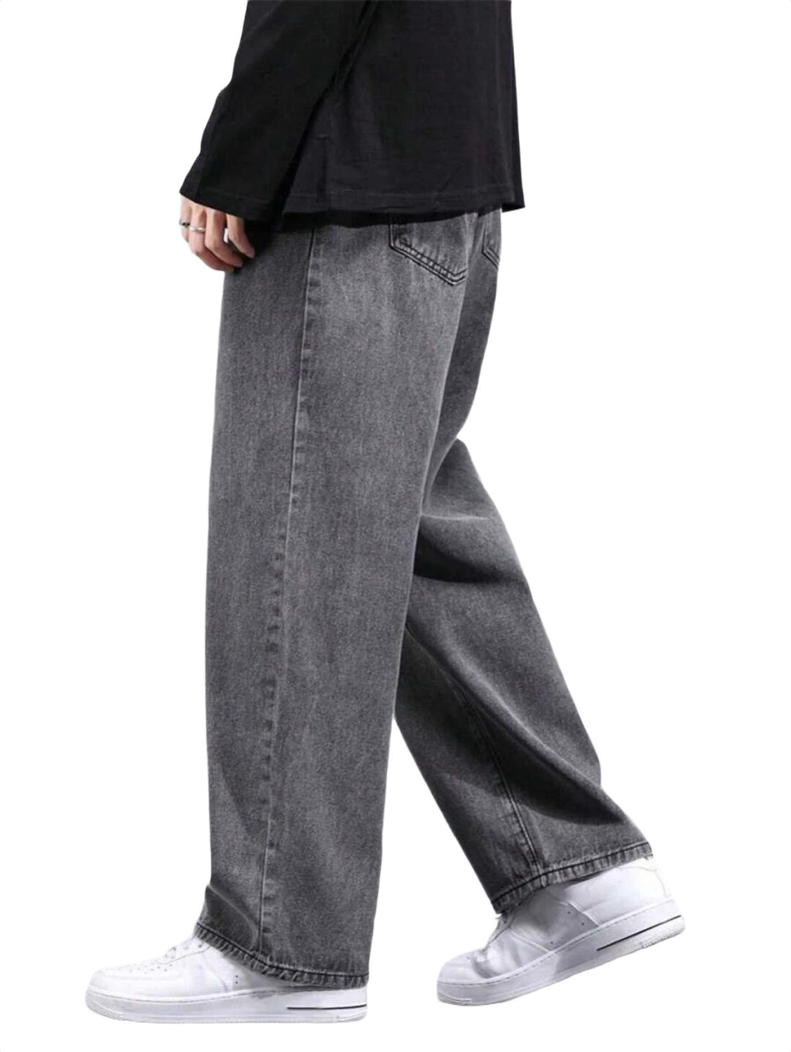 Image of POKHINDA Men Wide Leg Mid Rise Grey Jeans