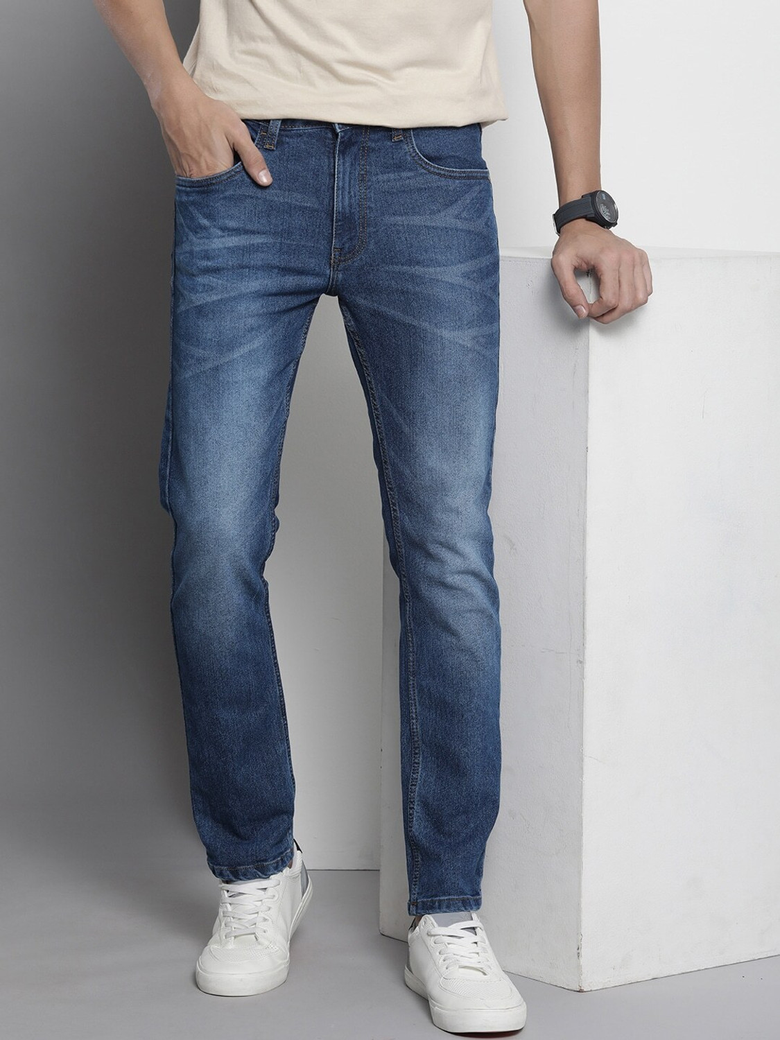 Image of The Indian Garage Co. Men Slim Mid Rise Blue Jeans