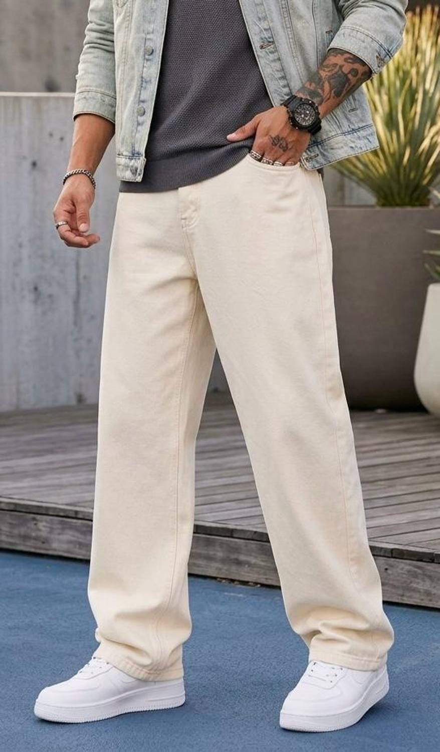 FLAYING Loose Fit Men Beige Jeans - Image 4