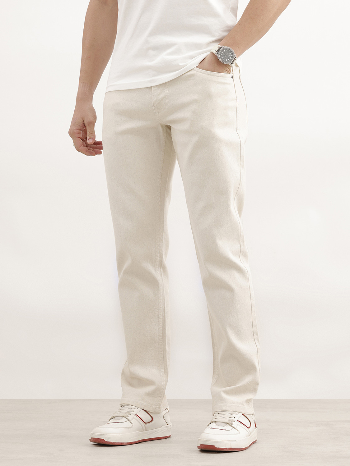 Image of WROGN Straight Fit Men Beige Jeans
