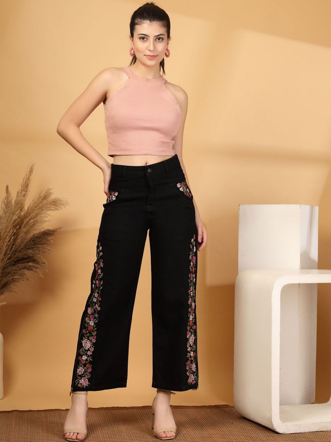 Image of Cosmic Trio Wide Leg Women Black Jeans