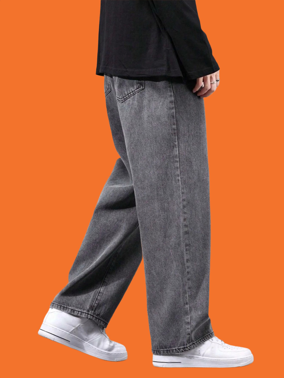 Image of POKHINDA Men Wide Leg Mid Rise Grey Jeans