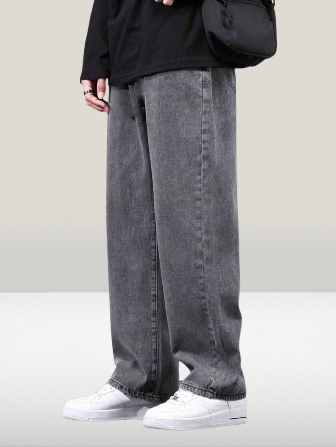 Men Wide Leg Mid Rise Grey Jeans - Image 4