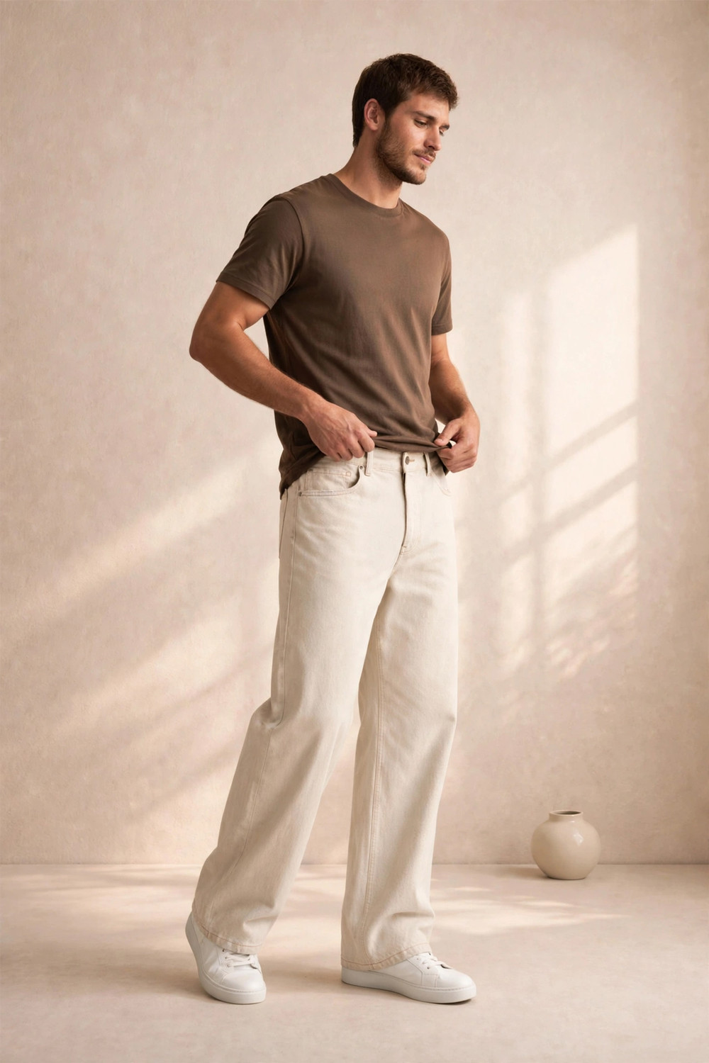 Image of Mast & Harbour Men Regular Mid Rise Beige Jeans