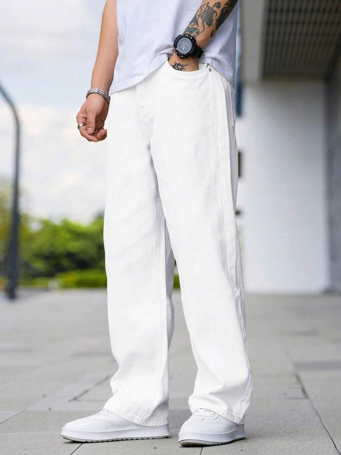 Image of YAMEETFIT Straight Fit Men White Jeans