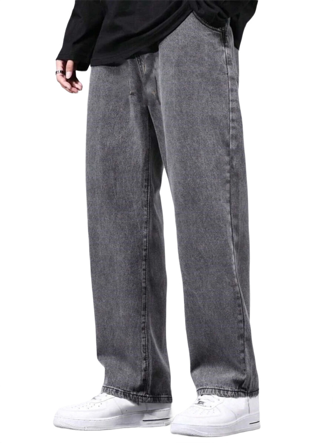 Image of POKHINDA Men Wide Leg Mid Rise Grey Jeans