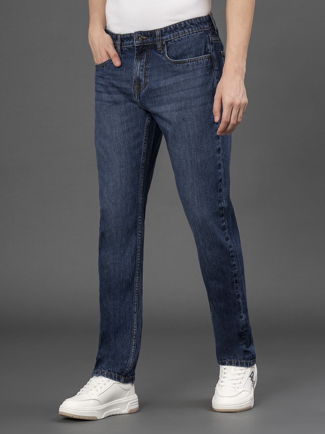 Image of RED TAPE Men Straight Fit Mid Rise Dark Blue Jeans
