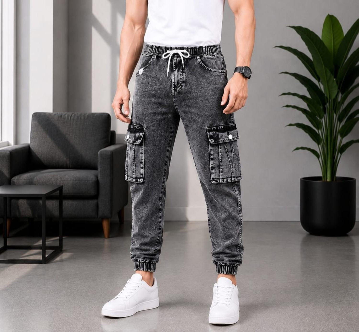 Image of MAPRAHI1 Men Jogger Fit Mid Rise Grey Jeans