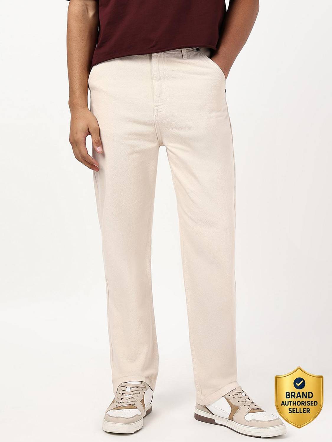 BEWAKOOF Men Straight Fit High Rise Beige Jeans - Image 1